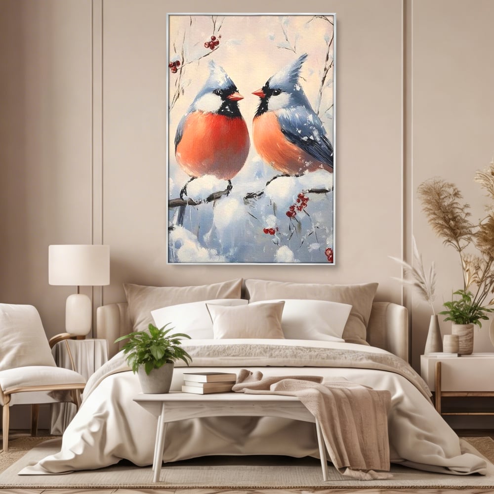 Tablou canvas cu tablou canvas cu doi pasari cardinali in iarna, in rama de aluminiu argintiu, pe perete intr-un dormitor